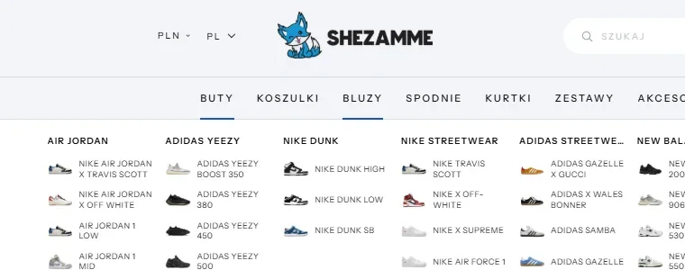 Fragment mega menu SHEZAMME z miniaturami modeli