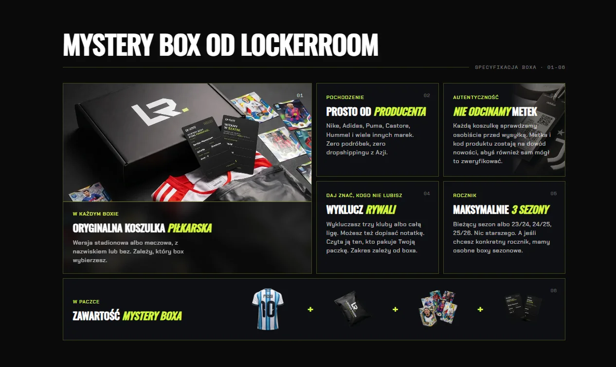 Sekcja Mystery box od LockerRoom: sześć kafli ze specyfikacją boxa