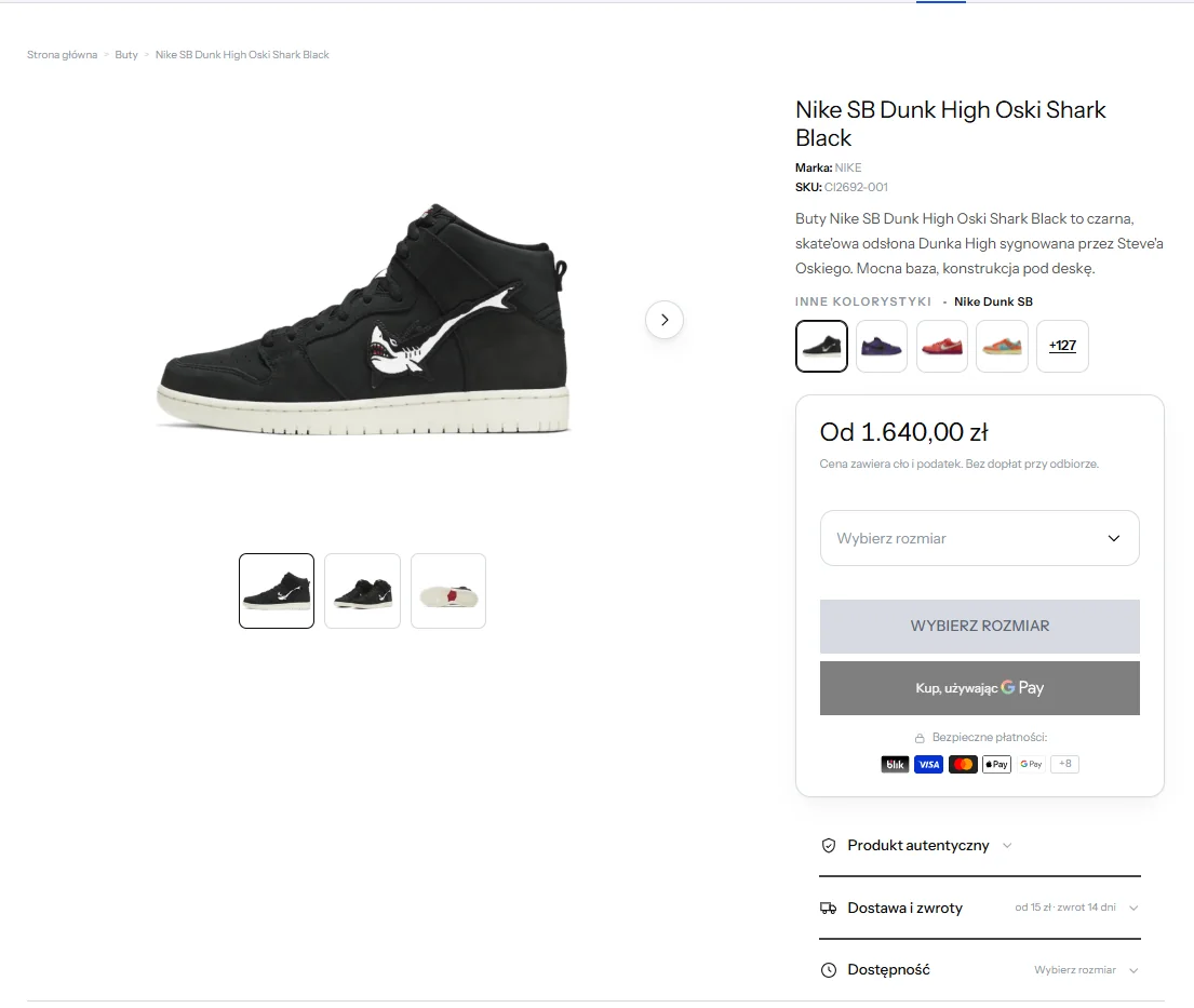 Karta produktu Nike SB Dunk High z miniaturami kolorystyk
